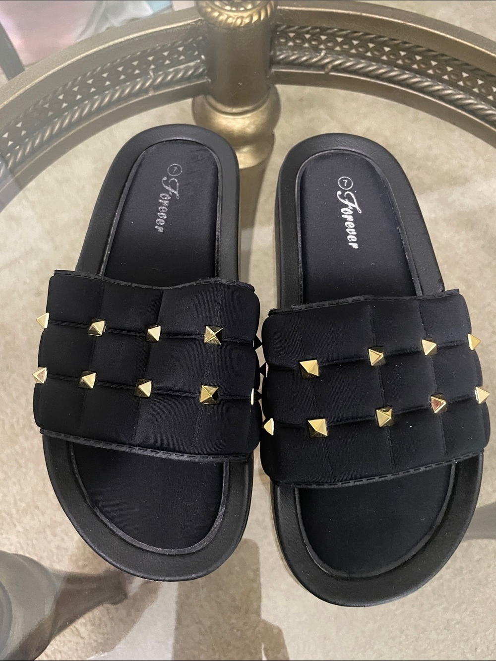 Black Slide Sandals with Gold Pyramid Studs